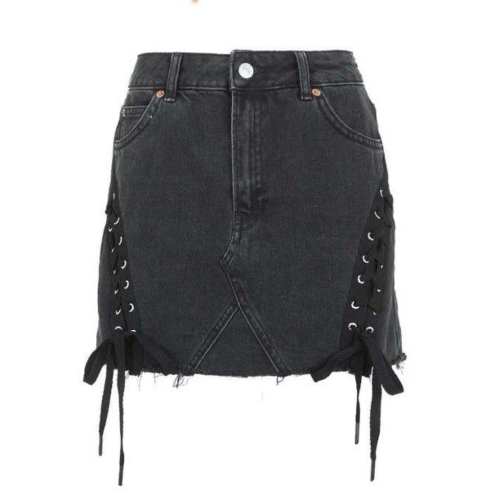 Topshop Moto Black Charcoal Lace-Up Denim Skirt, Size 4